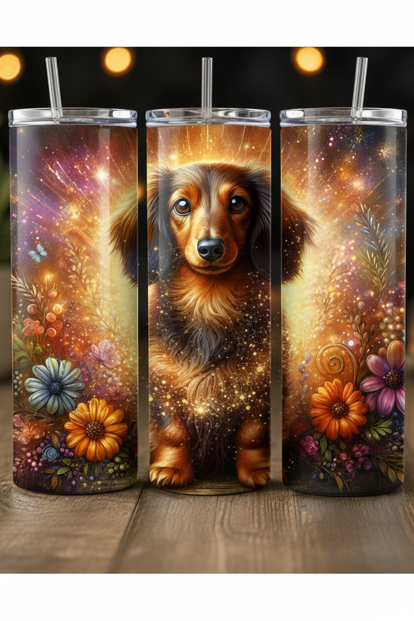 Three tall skinny tumblers with clear lids and straws, featuring a colorful fantasy-style print of a dachshund dog surrounded by flowers and glowing sparkles, displayed on a wooden surface.