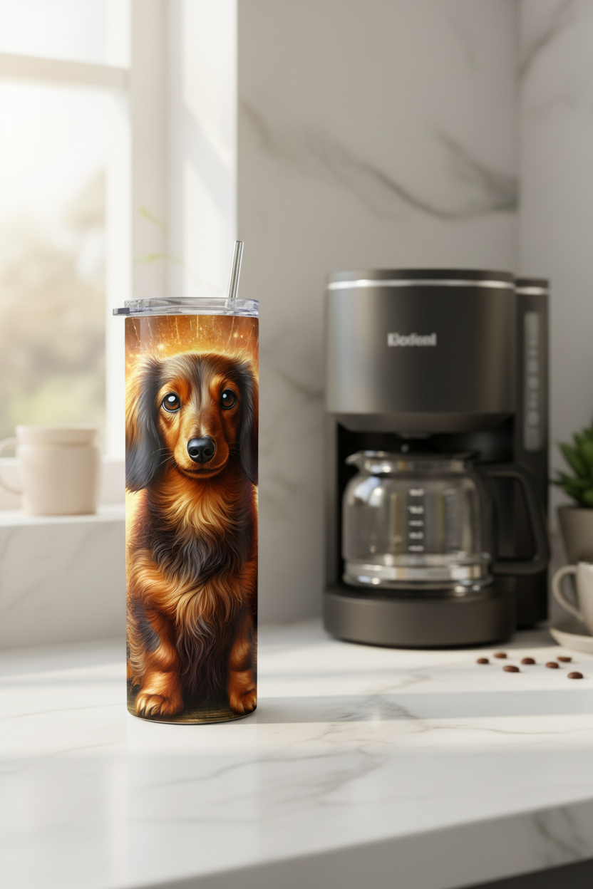 A tall insulated tumbler with a clear lid and straw stands on a white marble countertop. The tumbler features a printed illustration of a long-haired dachshund dog.