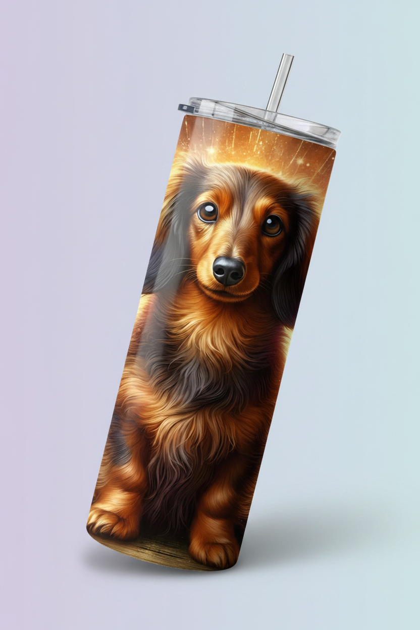 A tall insulated tumbler with a clear lid and straw, featuring a printed illustration of a long-haired brown dachshund dog on the side, shown against a soft light gray gradient background.