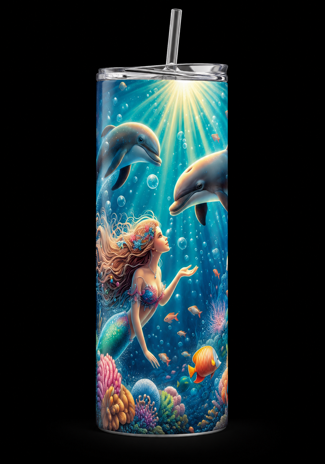 Mermaid & Dolphins 20oz Skinny Tumbler – Underwater Ocean Design