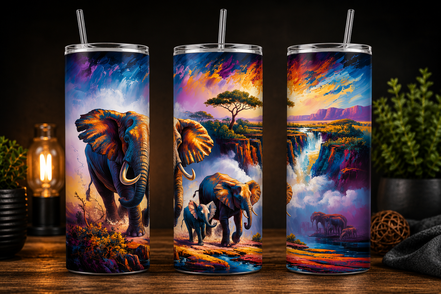 Three tall insulated tumblers with clear lids and metal straws, each printed with a vivid safari scene featuring elephants, a tree, mountains, and a waterfall under a colorful sky. The tumblers are displayed on a wooden surface with decorative plants and a lantern in a dark setting.