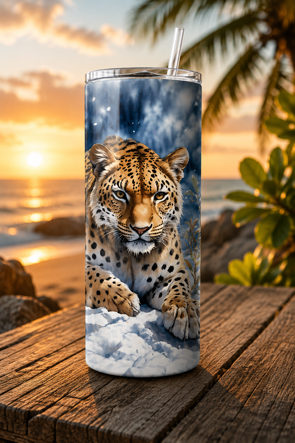 A tall insulated tumbler with a clear lid and straw stands on a wooden table at sunset, printed with a large leopard over a snowy landscape. Palm leaves and ocean scenery are blurred in the background.