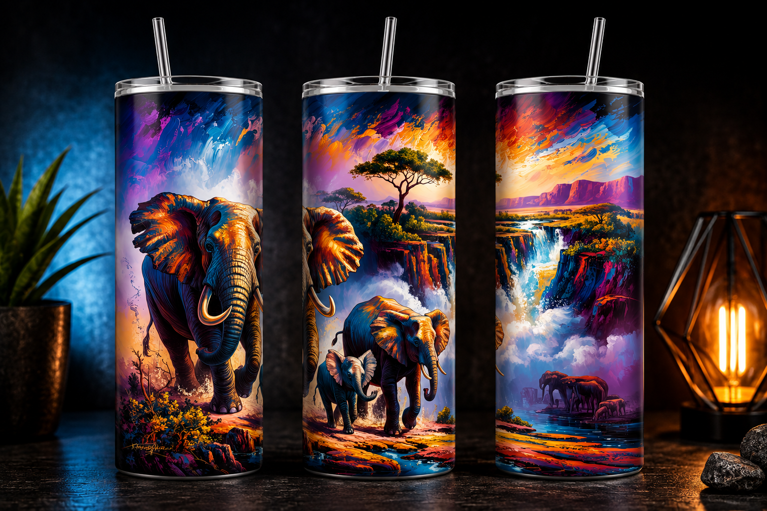 Three tall insulated tumblers with clear lids and metal straws, each printed with a vivid safari scene featuring elephants, a tree, mountains, and waterfalls under a colorful sunset sky, displayed on a dark tabletop with decorative plants and a lamp.