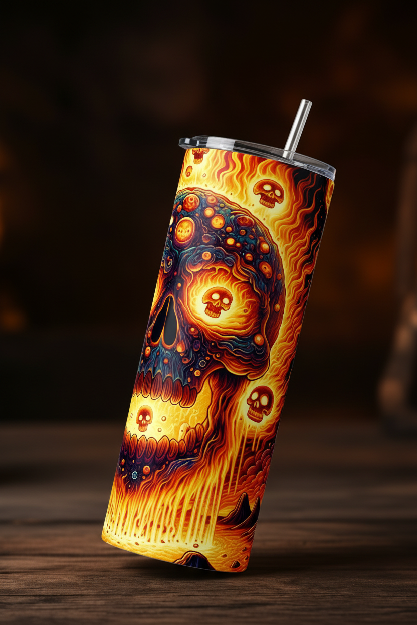 A tall insulated tumbler with a clear lid and metal straw, featuring a vivid fiery skull design in orange, yellow, and black, standing on a dark wooden surface against a blurred warm background.