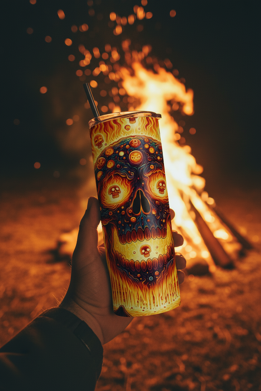 A hand holds a tall insulated tumbler with a black straw in front of a burning campfire at night. The tumbler features a highly detailed, colorful sugar skull illustration with orange, yellow, and dark blue patterns.