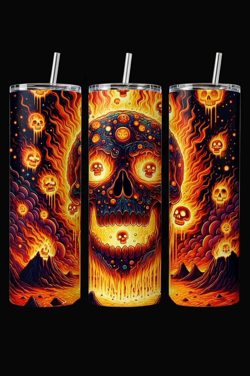 Three tall skinny tumblers with clear lids and white straws, featuring a vivid fiery skull illustration in orange, yellow, and black on a black background.