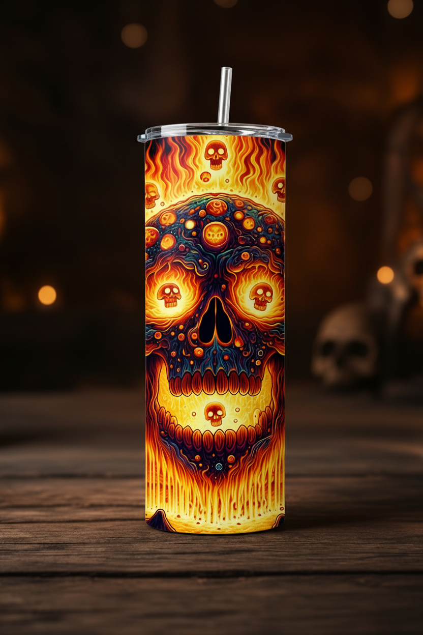 A tall insulated tumbler with a clear lid and metal straw, featuring a vivid sugar-skull design in fiery orange, yellow, and black, set on a dark wooden surface with a blurred warm background.