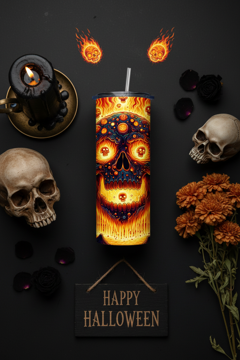A Halloween-themed tumbler with a glowing sugar skull design, surrounded by decorative props including a candle, skulls, dried flowers, and a 'Happy Halloween' sign on a dark background.