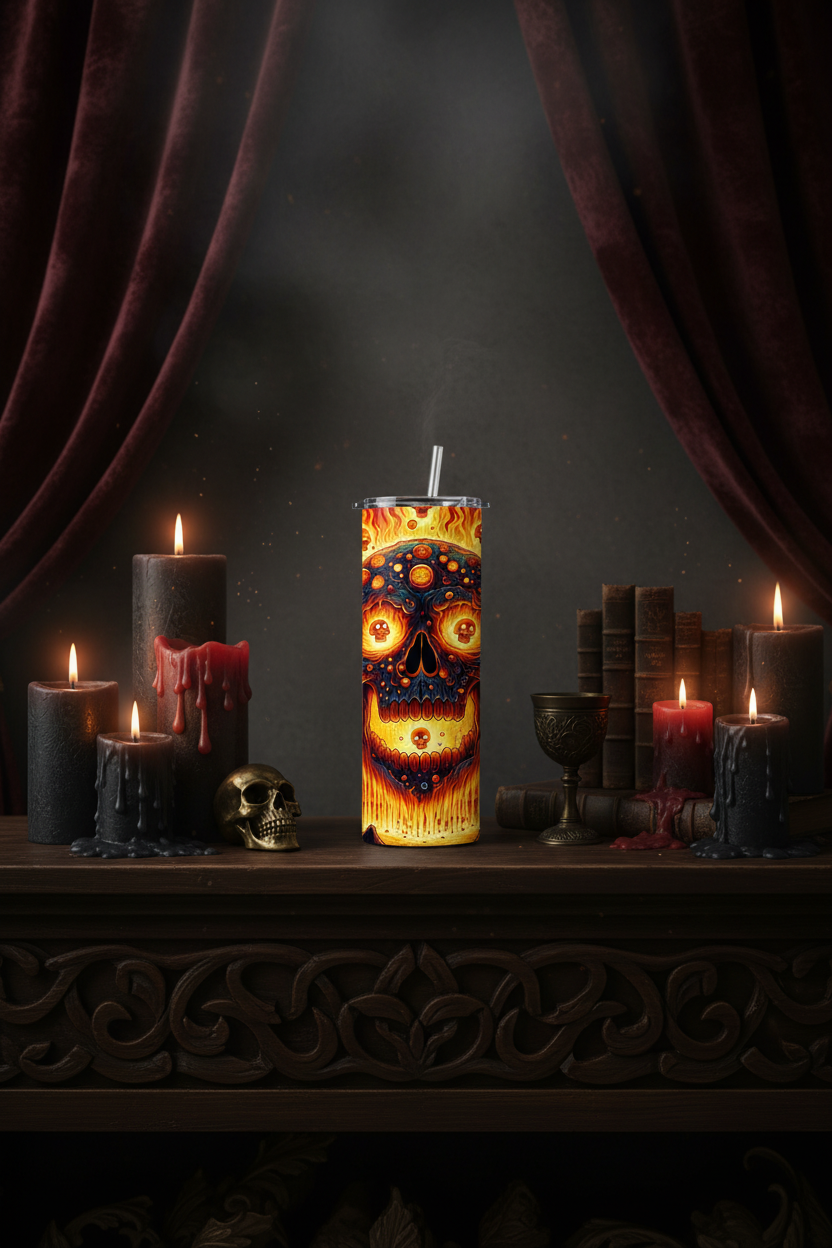 A tall insulated tumbler with a clear lid and straw, featuring a vivid Day of the Dead sugar skull design in orange, yellow, red, and black, displayed on a dark carved table surrounded by candles, books, and draped curtains.