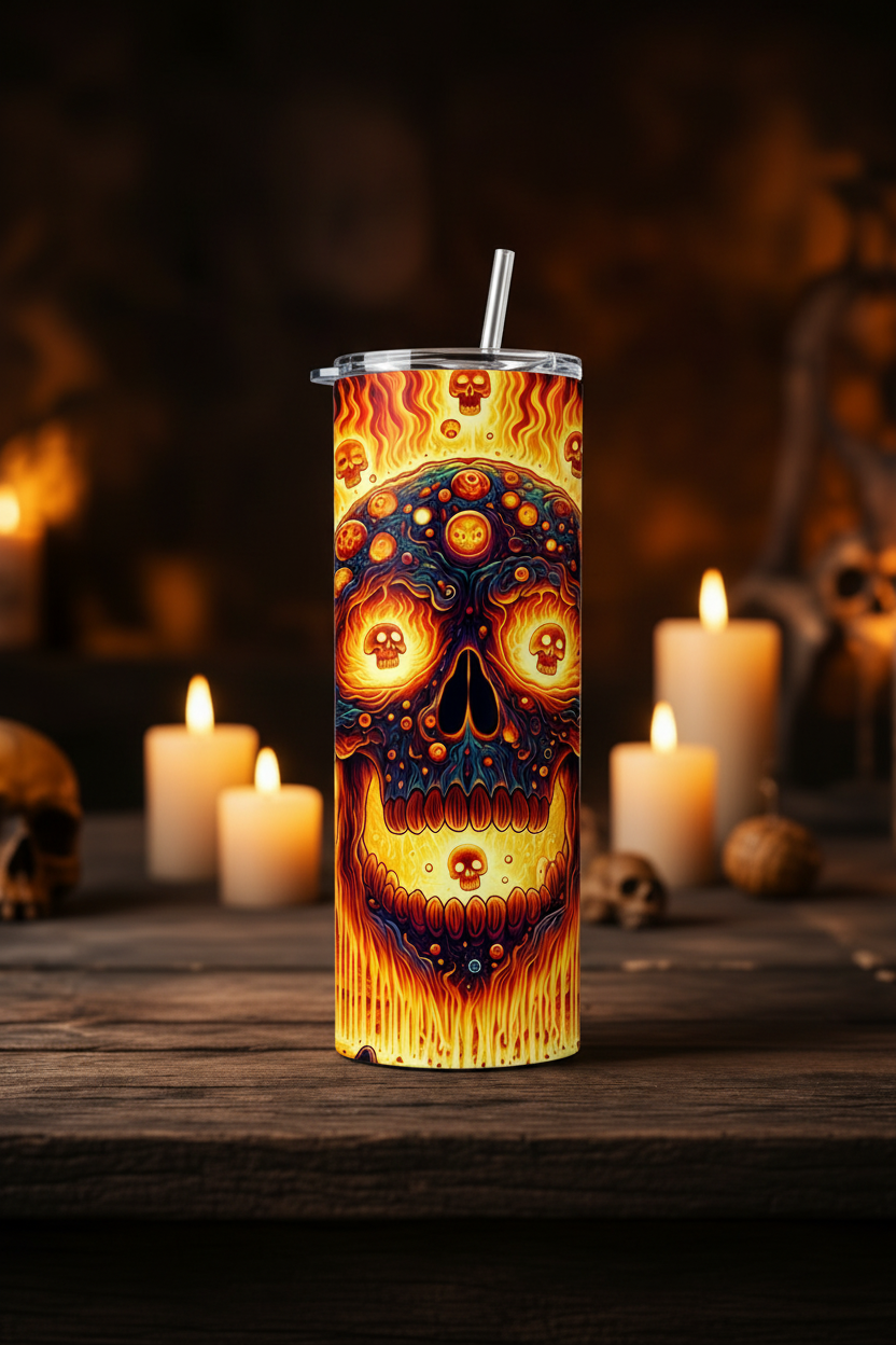 A tall insulated tumbler with a clear lid and metal straw, featuring a vivid fiery skull design in orange, yellow, and blue tones. The tumbler is photographed on a dark wooden surface with lit candles and skull props in a moody, warm-toned setting.