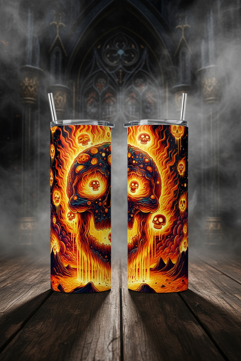 Two tall insulated tumblers with clear lids and metal straws, printed with a vivid fiery skull artwork in orange, yellow, and black, standing on a wooden surface against a smoky gothic interior backdrop.