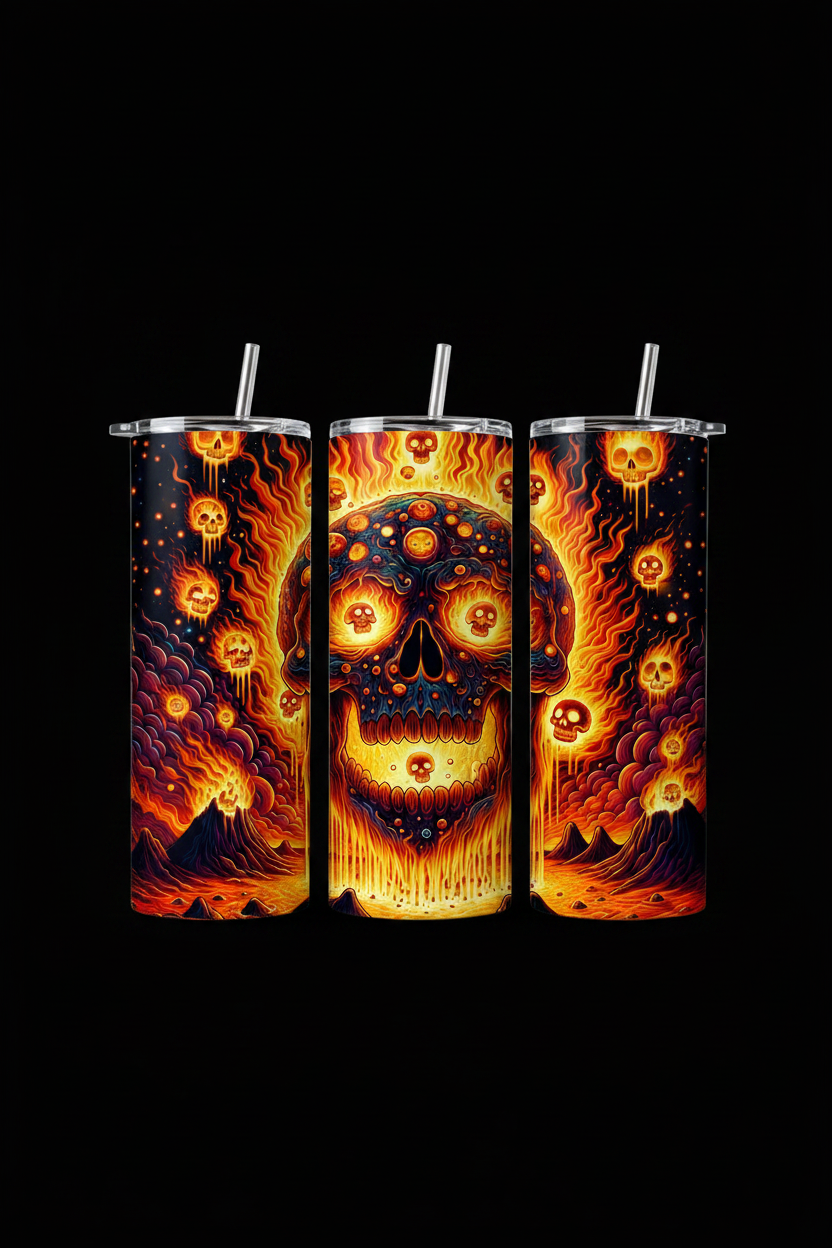 Three tall skinny tumblers with clear lids and metal straws, featuring a fiery orange and yellow skull illustration on a black background, shown against a solid black backdrop.