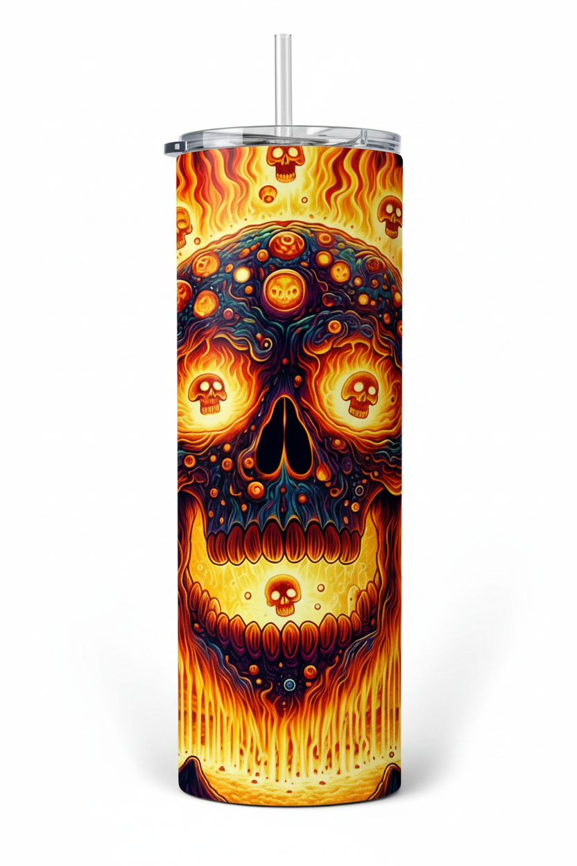 A tall insulated tumbler with a clear lid and straw, featuring a vivid sugar-skull design in fiery orange, yellow, and dark blue tones, shown on a clean white background.