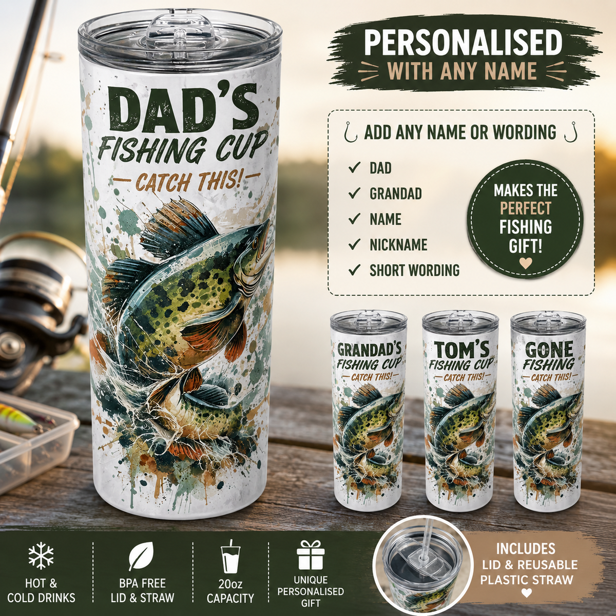 Personalised Fishing Tumbler – Name Gift for Dad or Grandad | 20oz