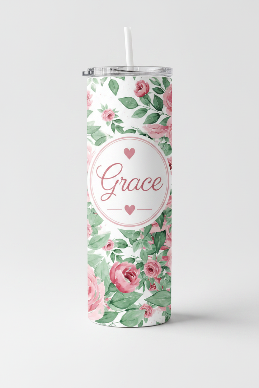 Personalised Pink Rose Floral Tumbler – Add Your Name | 20oz