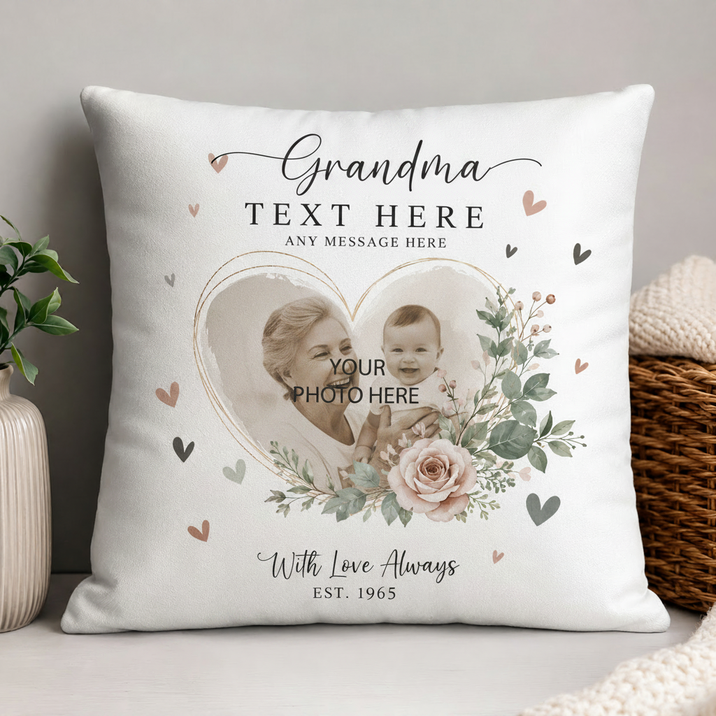 A square white personalized photo pillow displayed on a light gray surface with a neutral background. The pillow features a customizable design with a heart-shaped frame containing a placeholder photo of a grandmother and child, surrounded by delicate pink and green floral illustrations, hearts, and customizable text fields.