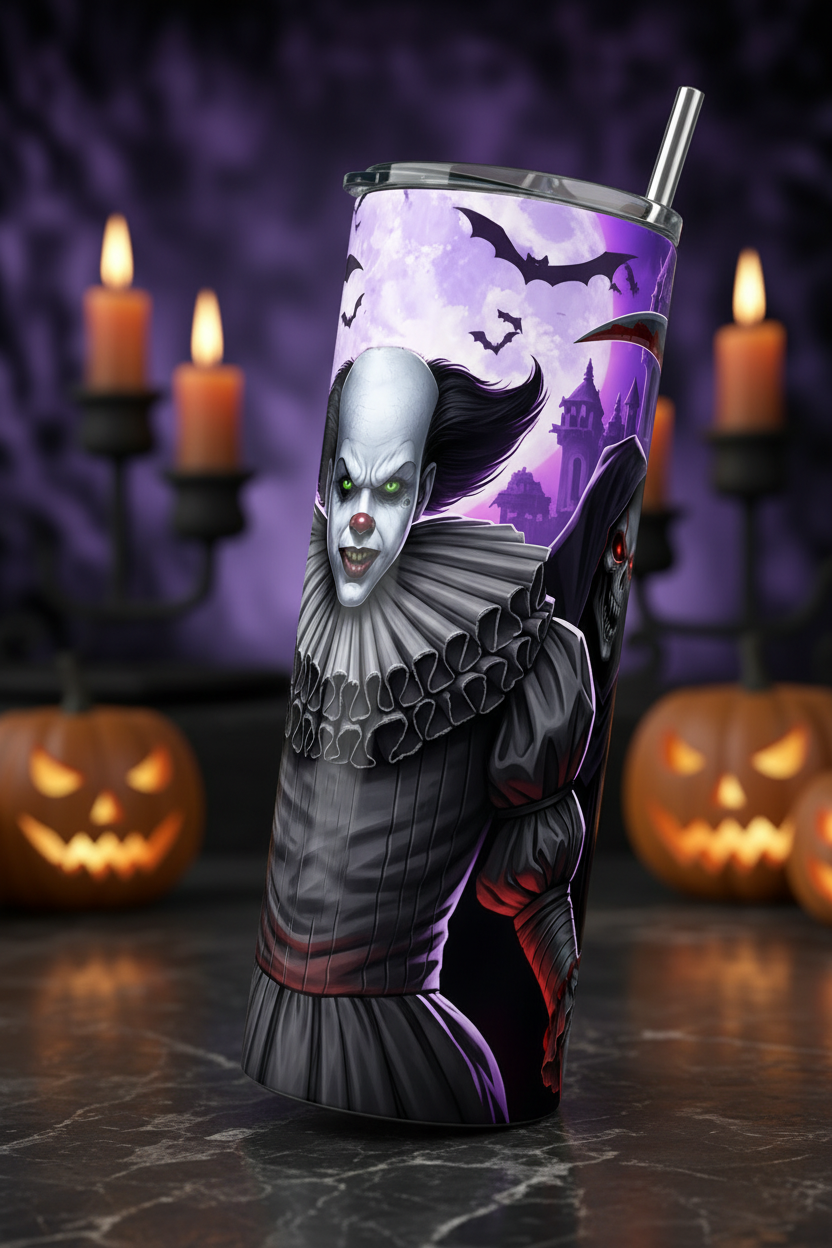 Horror Clown Wolf & Grim Reaper 20oz Skinny Tumbler