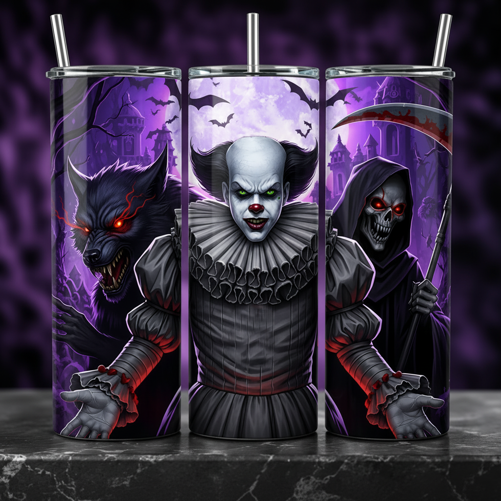 Horror Clown Wolf & Grim Reaper 20oz Skinny Tumbler