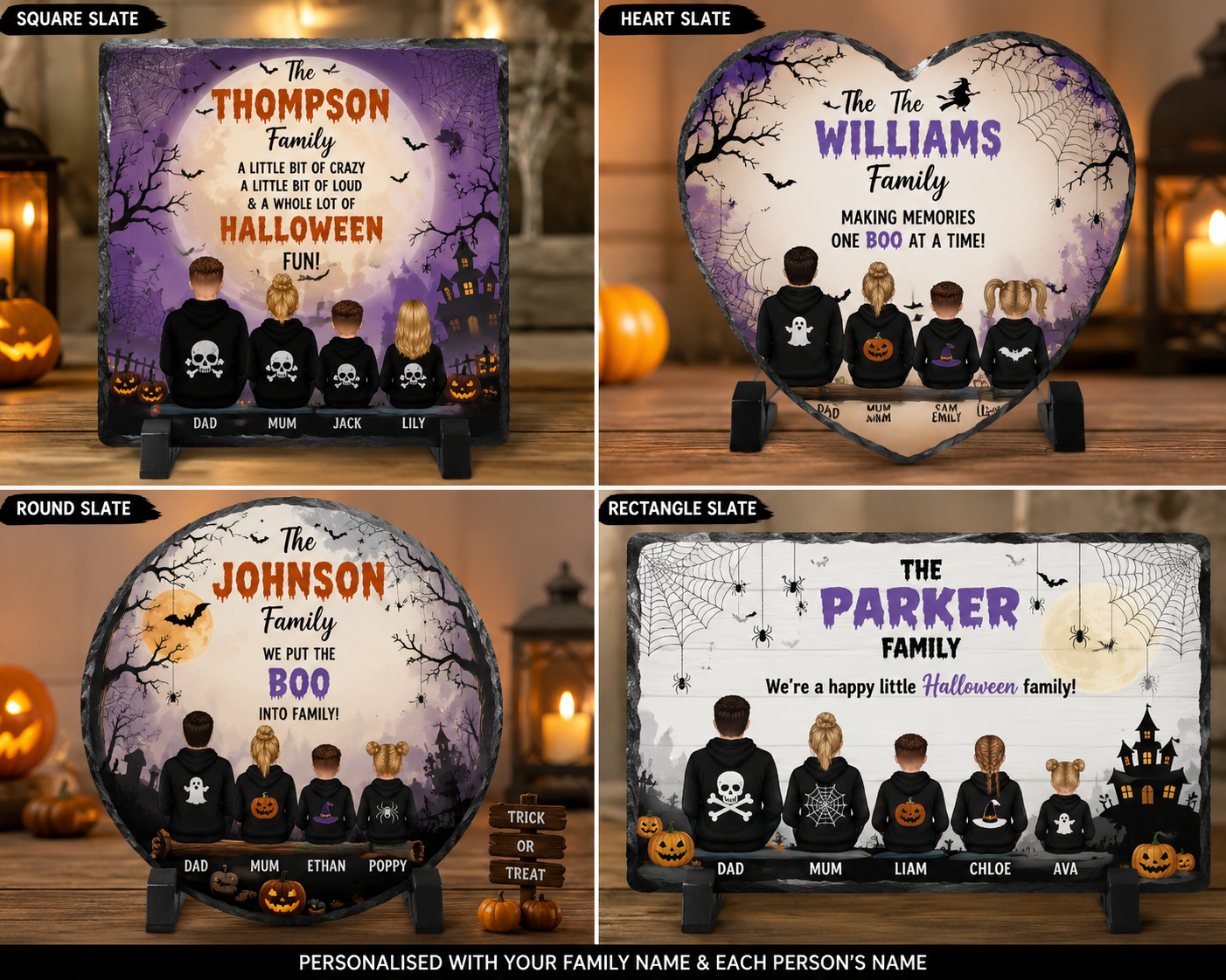 Close-up of personalised Halloween family characters with names and themed hoodies