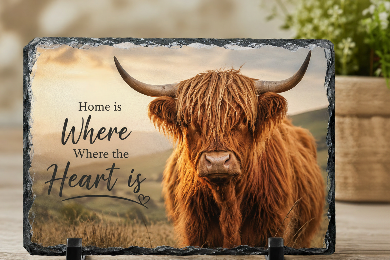Highland Cow Slate – Home is Where the Heart is