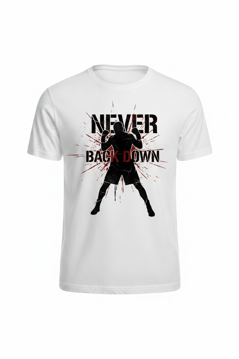 Never Back Down boxing t-shirt in white, ghost mannequin front view
