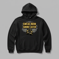 Sweat Now Shine Later boxing hoodie in black, flat lay product photo