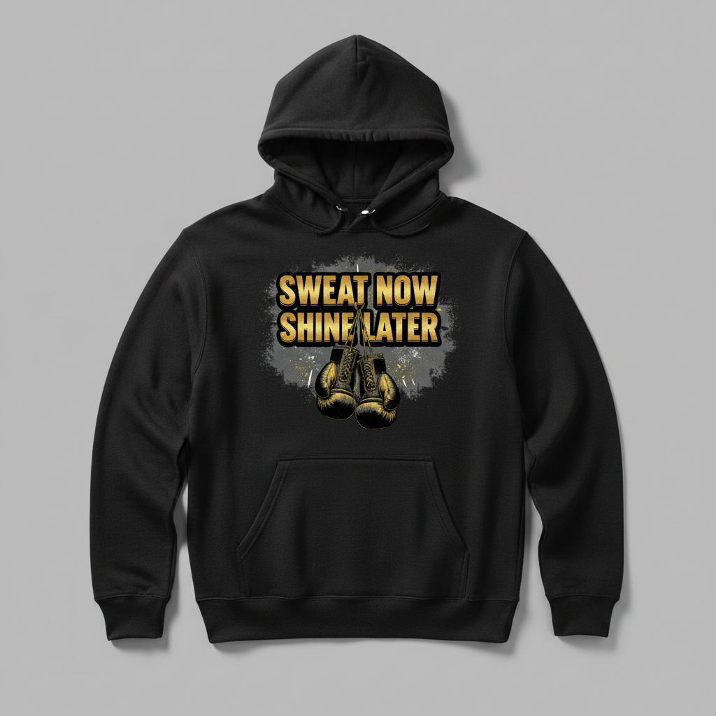 Sweat Now Shine Later boxing hoodie in black, flat lay product photo