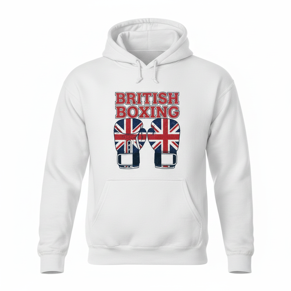 British Boxing hoodie in white, flat lay product photo