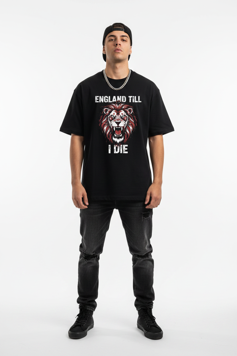 England Till I Die Grunge Lion T-Shirt - Male Model Black