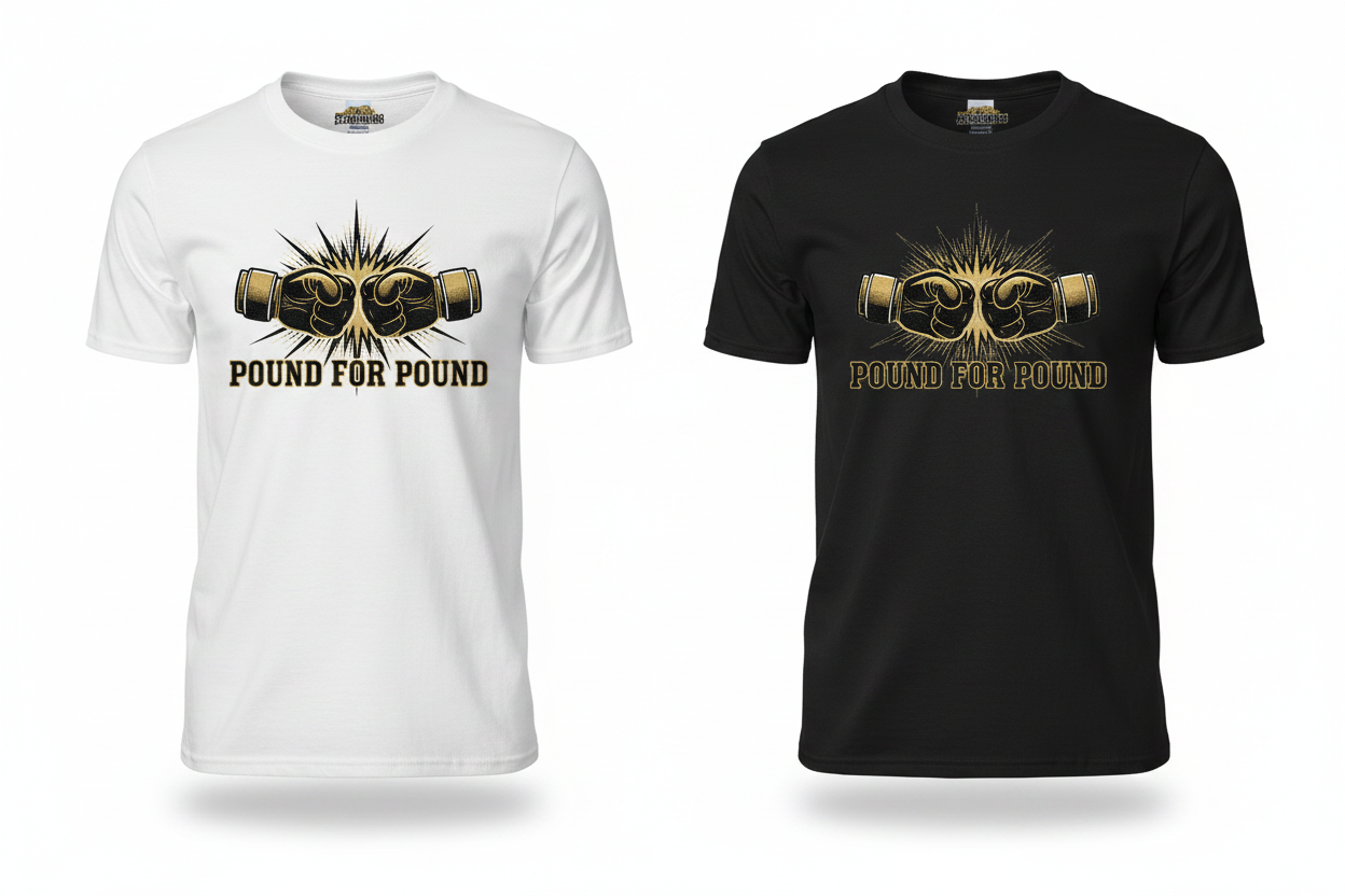 Pound for Pound boxing t-shirt shown in both black and white colourways