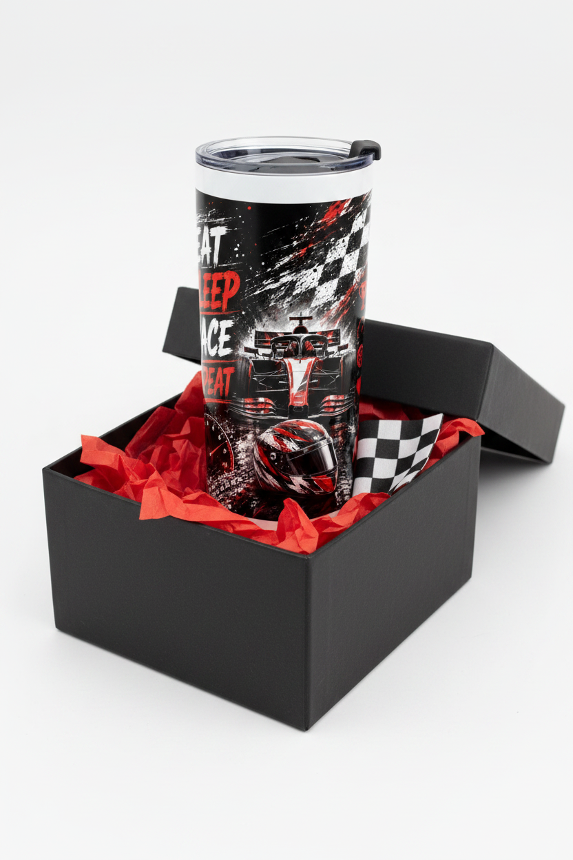 F1 racing white sublimation tumbler in black gift box with red tissue paper