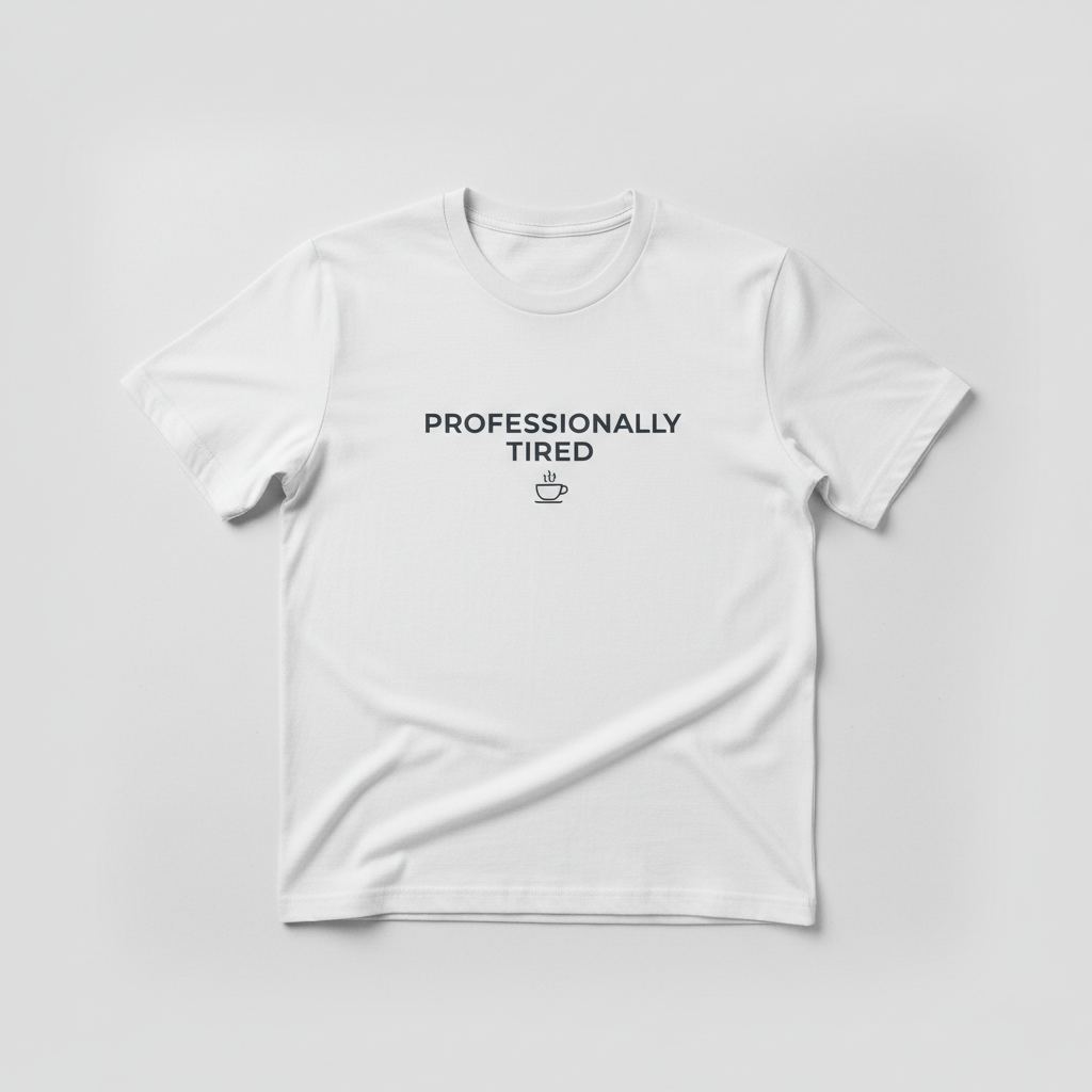Professionally Tired funny slogan t-shirt flat lay white
