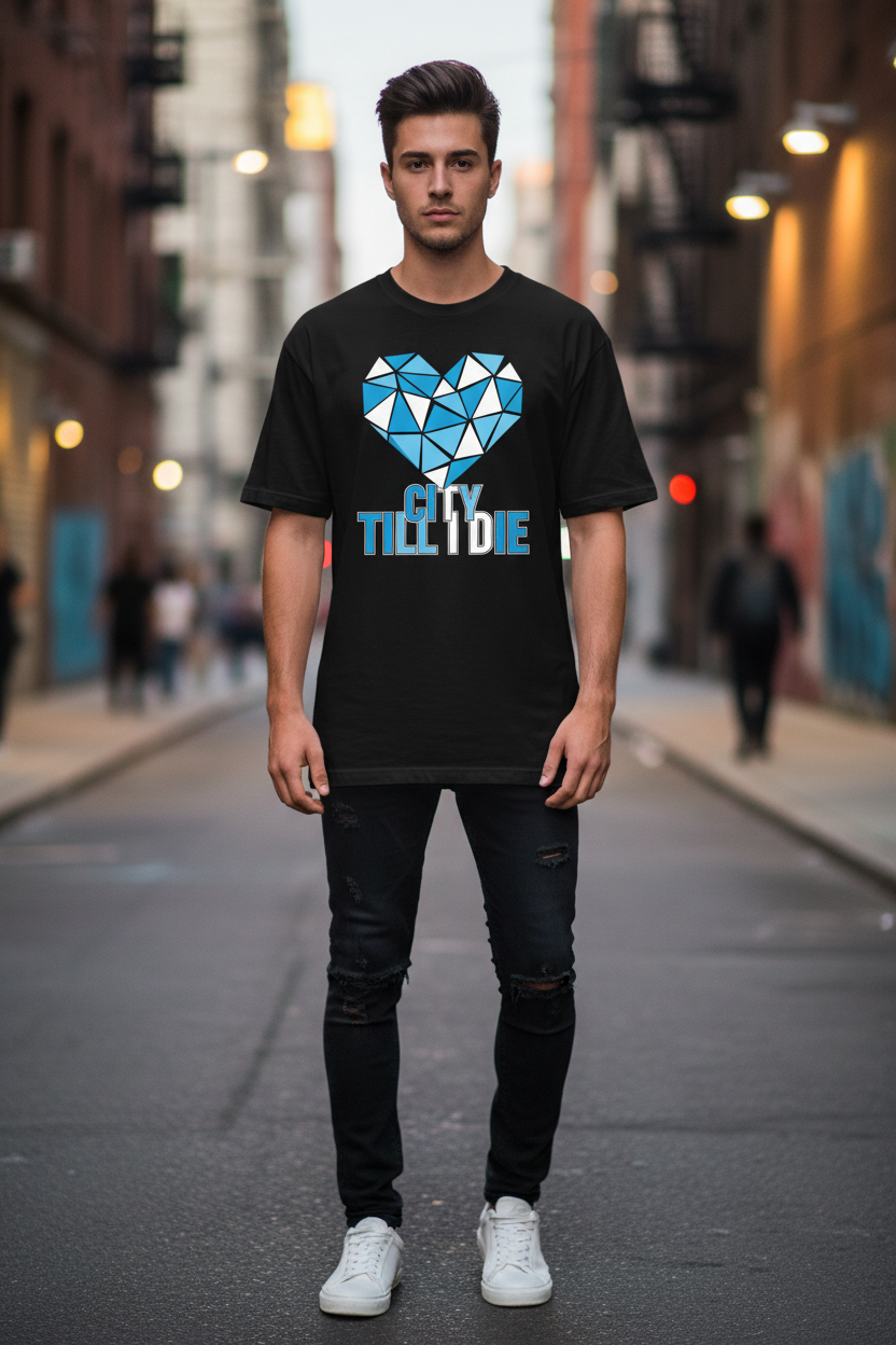 City Till I Die geometric heart – black t-shirt male model urban street