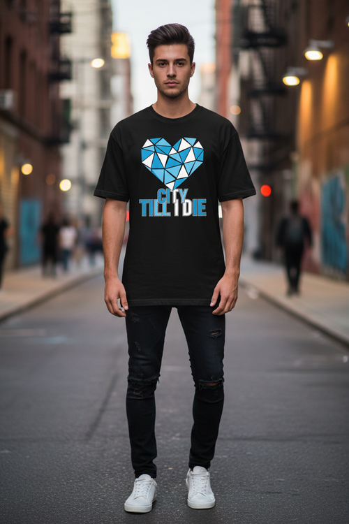 City Till I Die geometric heart – black t-shirt male model urban street