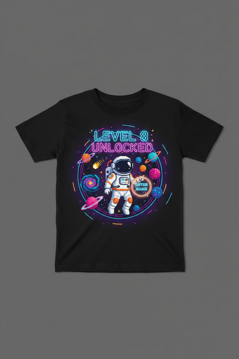 Level 8 Unlocked space galaxy birthday t-shirt - black flat lay