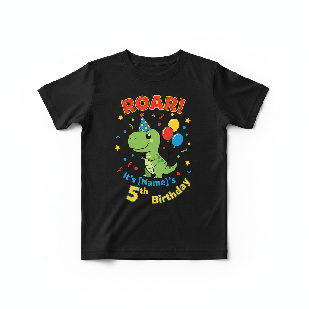 Personalised Dinosaur Birthday T-Shirt - Black Flat Lay