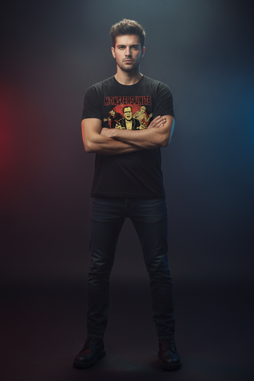Monsters Unite black t-shirt on male model