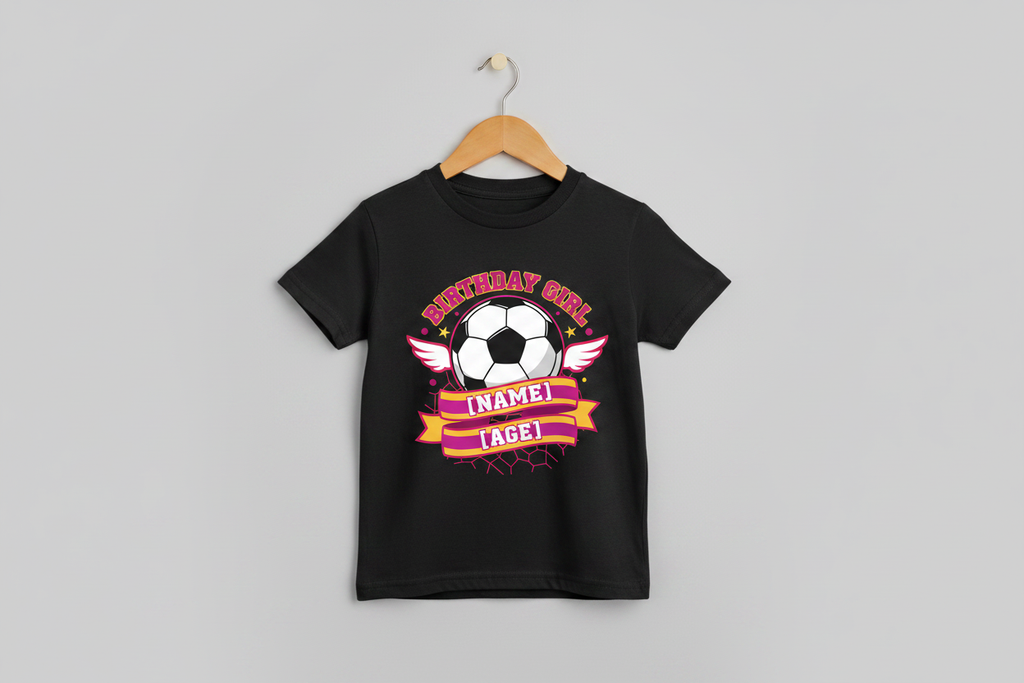 Personalised Football Birthday Girl T-Shirt - Black on Hanger