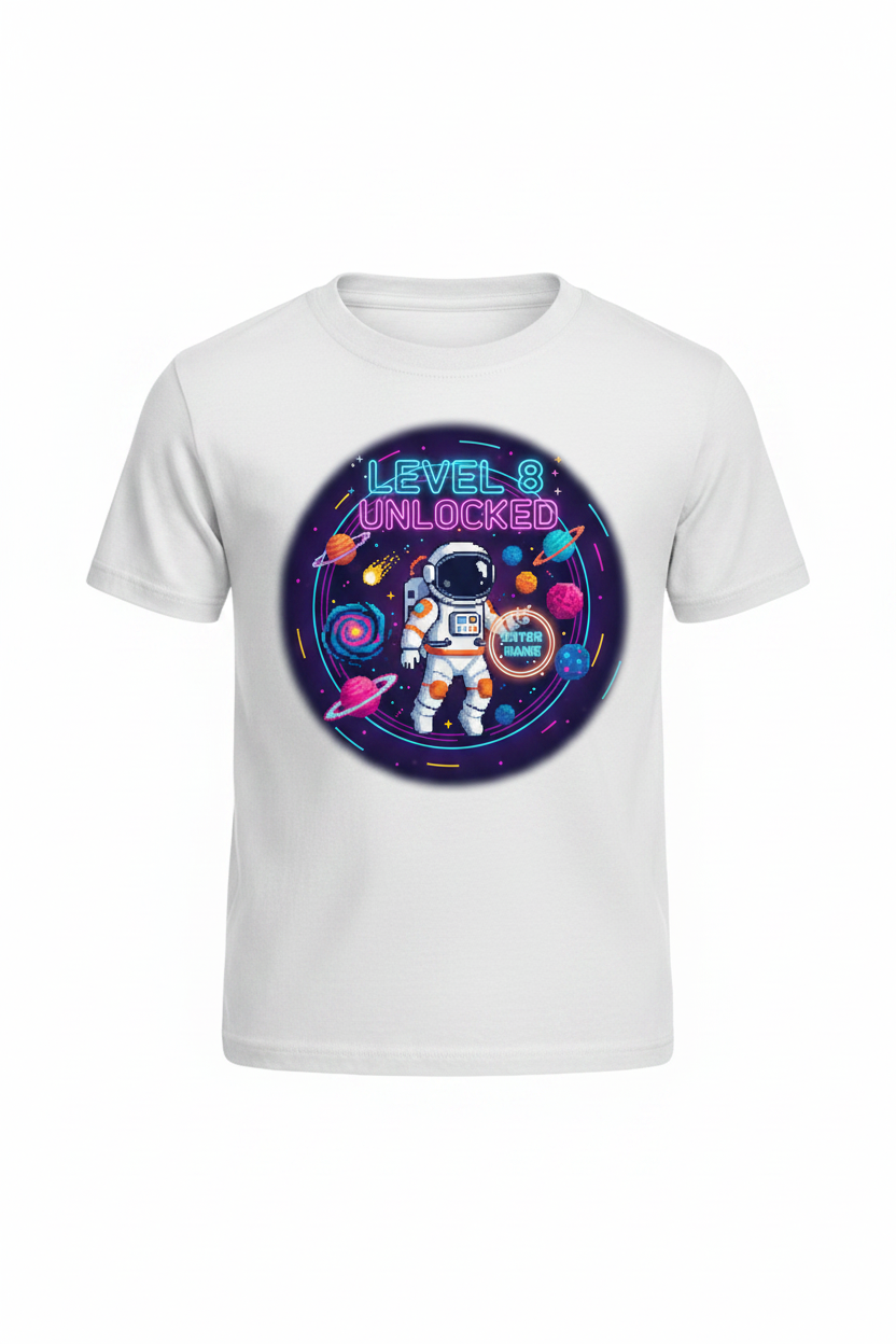 Level 8 Unlocked space galaxy birthday t-shirt - white ghost mannequin