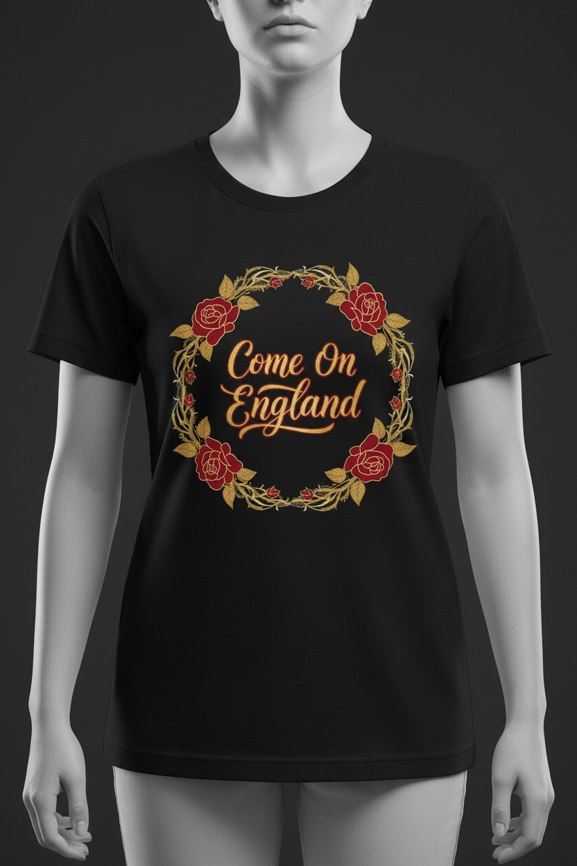 Women's Come On England rose wreath black t-shirt ghost mannequin