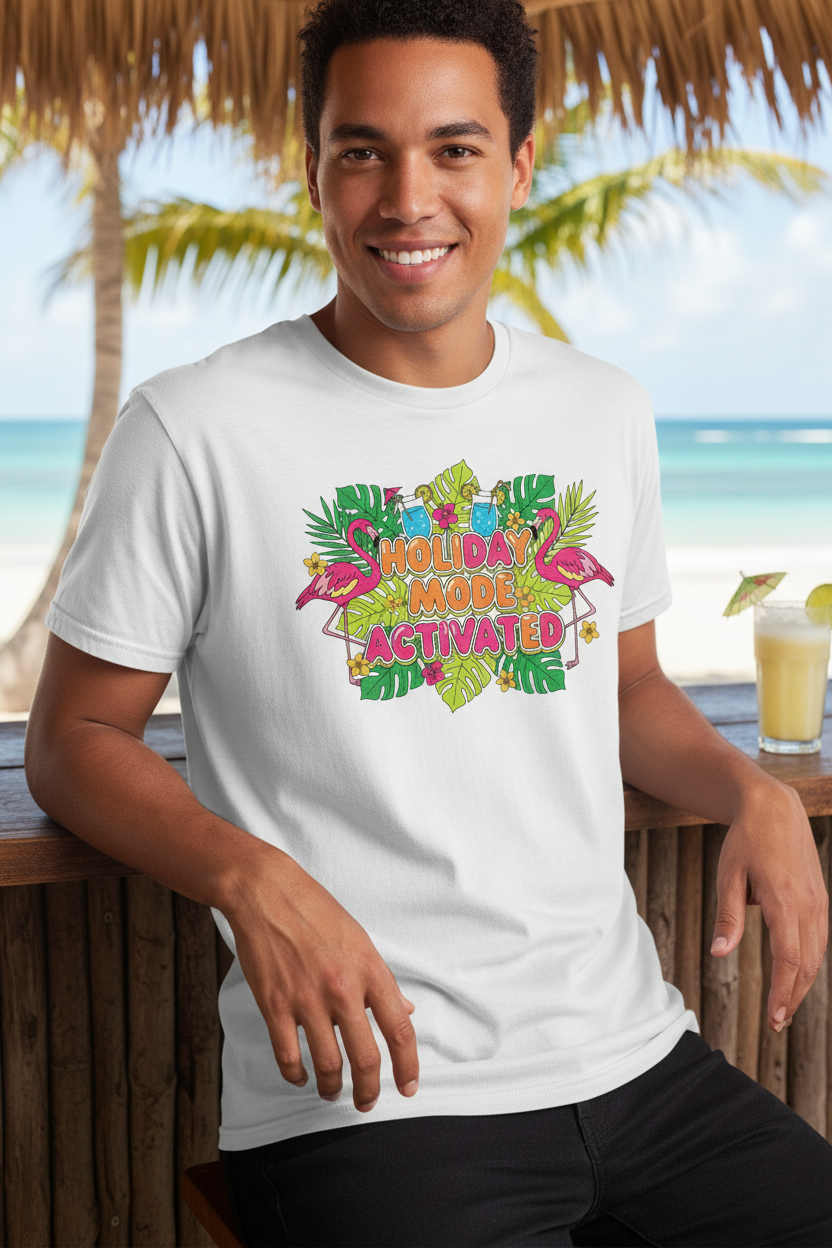 Holiday Mode Activated tropical flamingo white t-shirt lifestyle beach bar