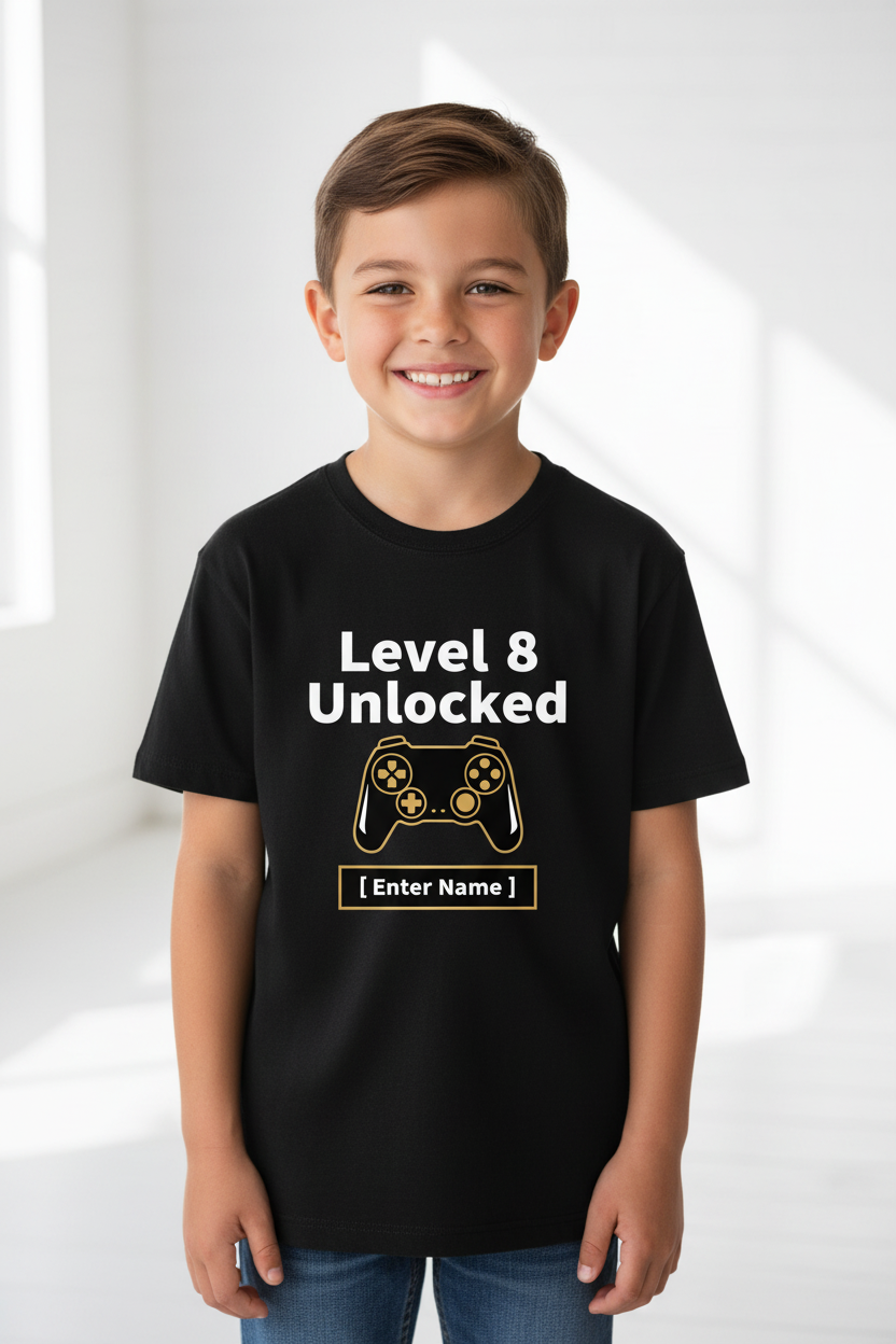 Child wearing Level 8 Unlocked minimalist birthday t-shirt in black - lifestyle