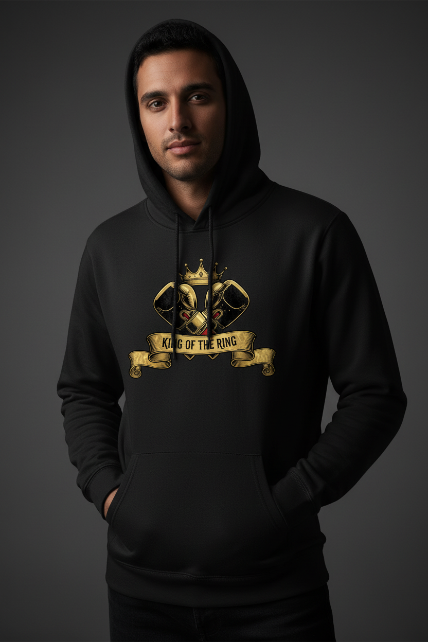 King of the Ring boxing hoodie in black worn by model