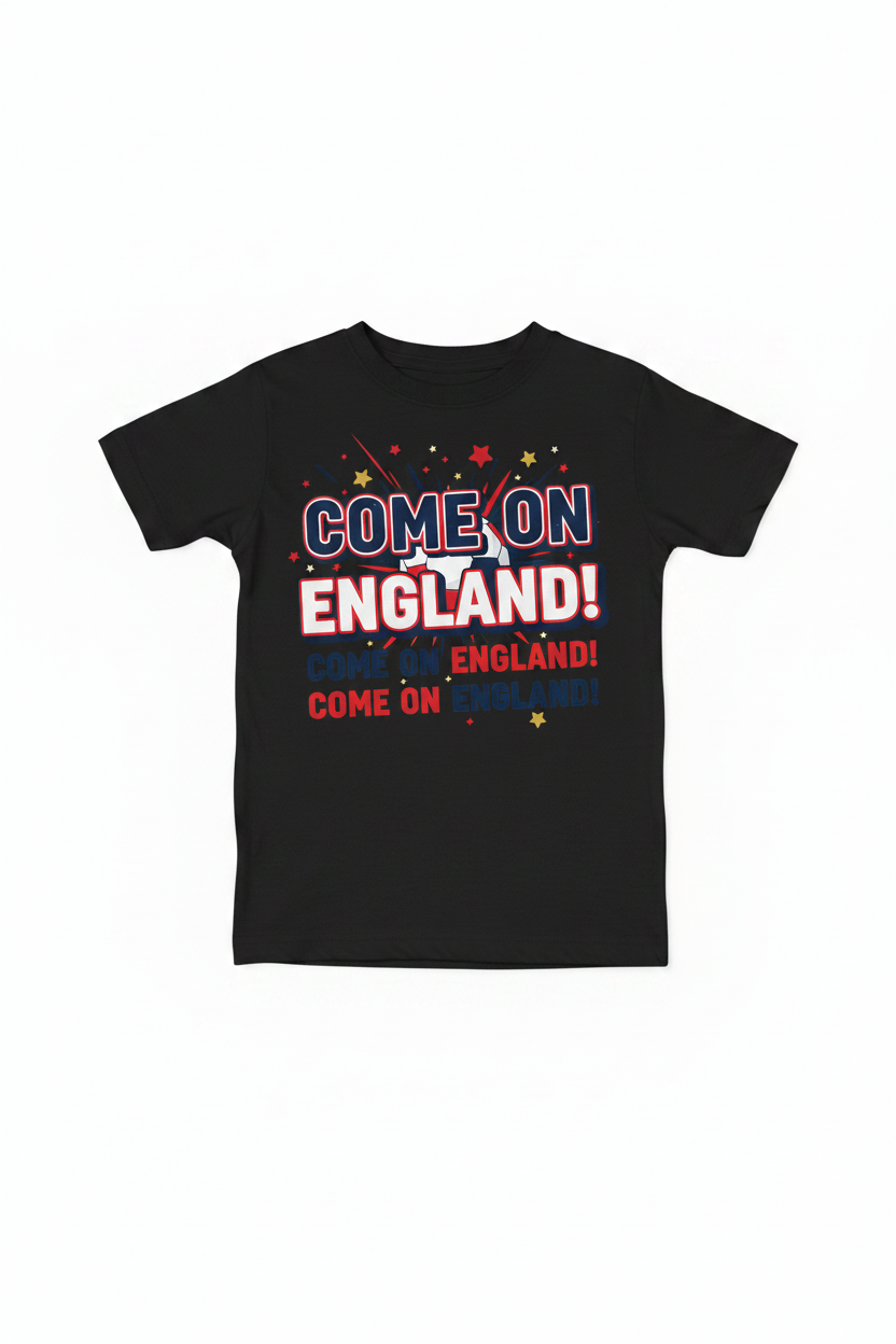 Come On England children's black t-shirt flat lay