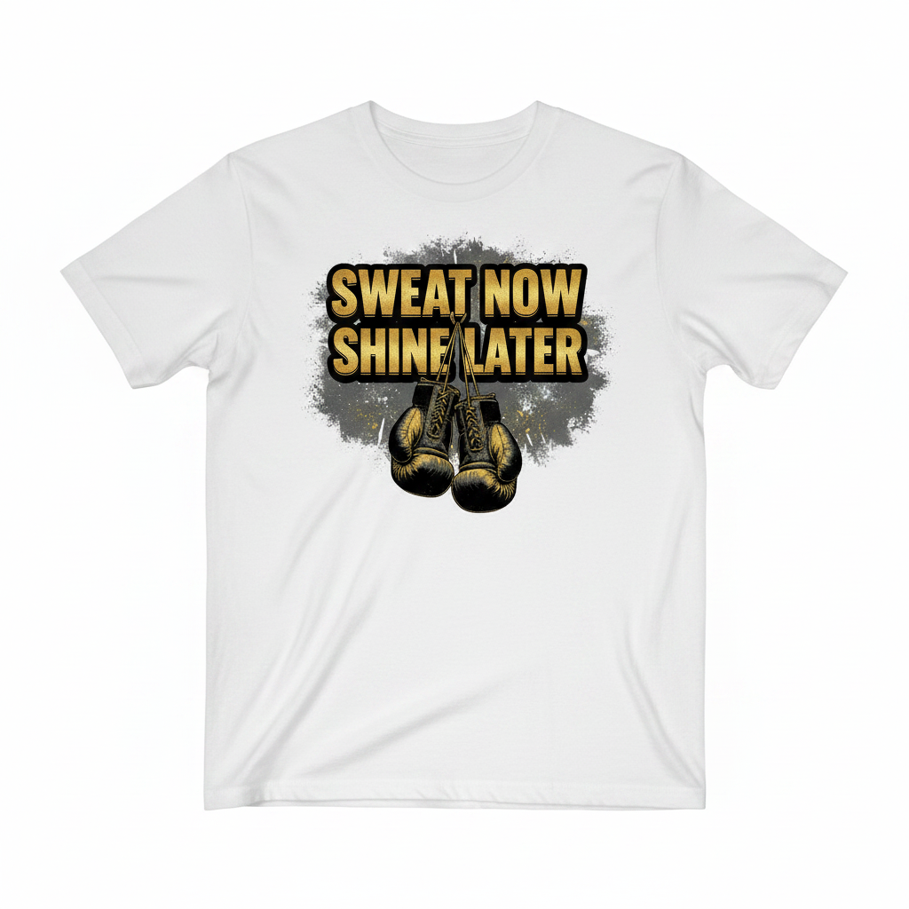 Sweat Now Shine Later boxing t-shirt in white, flat lay product photo
