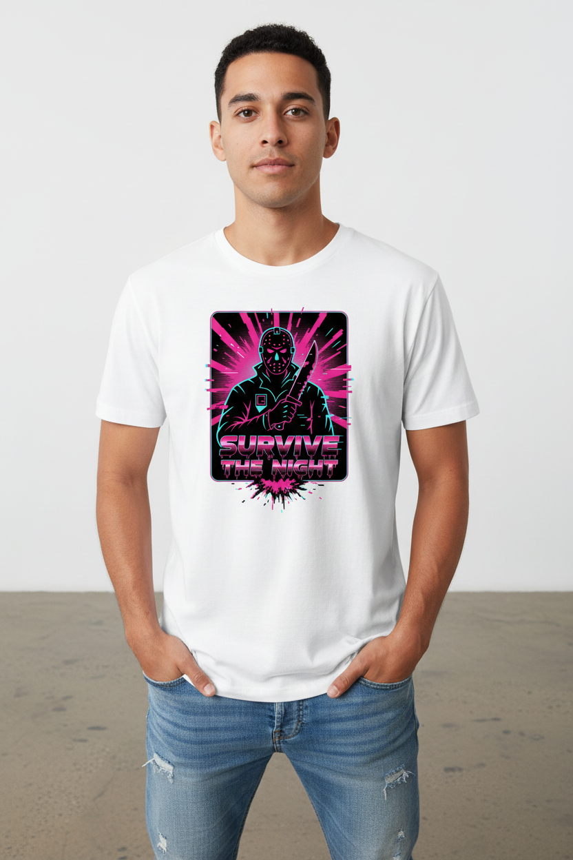 Survive the Night white t-shirt on male model