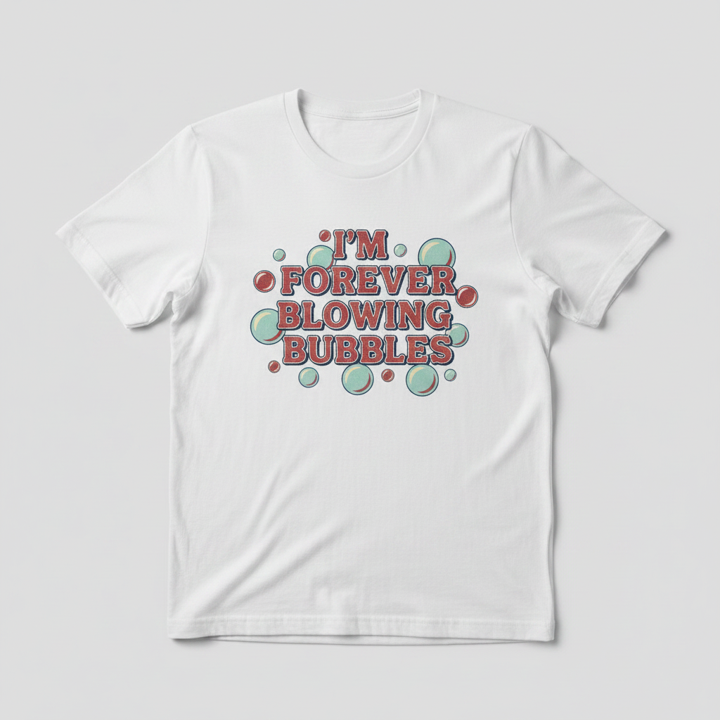 I'm Forever Blowing Bubbles white t-shirt flat lay
