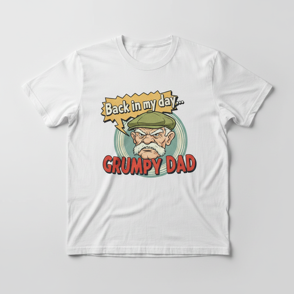 Grumpy Dad Back In My Day white t-shirt flat lay mockup