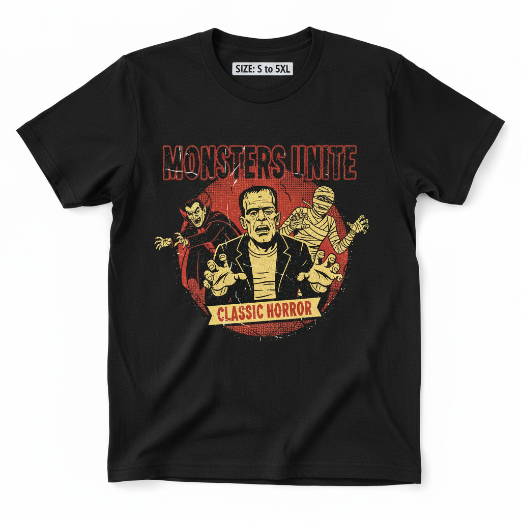 Monsters Unite black t-shirt flat lay mockup