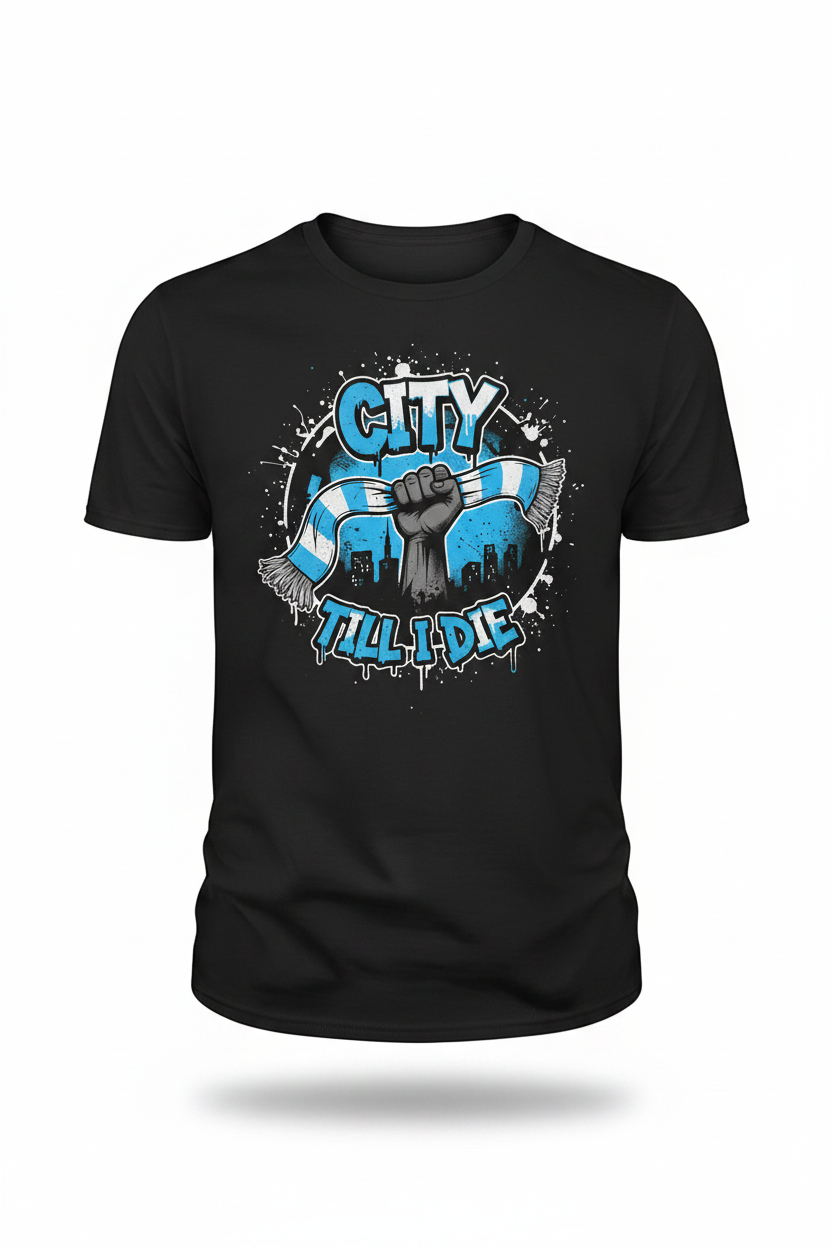 City Till I Die graffiti design – black t-shirt ghost mannequin studio